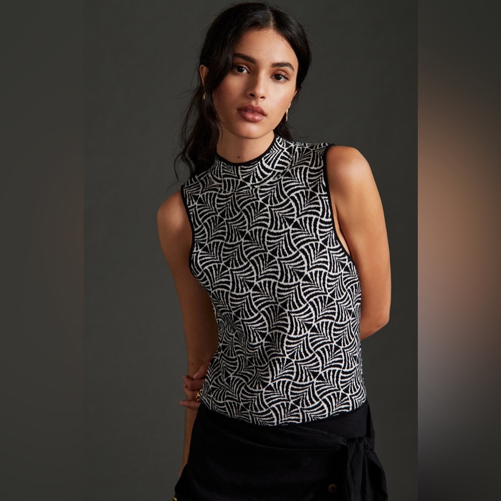 Anthropologie Black and White Sleeveless Cowl-Turtle Neck Sweater